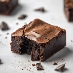 Gooey chocolate brownie with bite taken on light surface