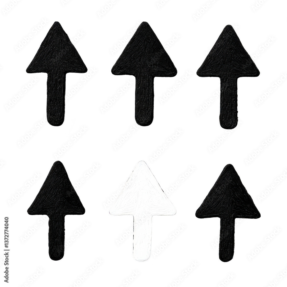 Poster a group of five black arrows and one white arrow are arranged in two rows, with white arrow standing