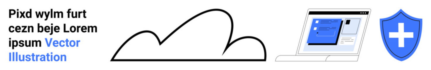 Obraz premium Cloud surrounded by shield with cross icon and interface screen. Ideal for technology, security, healthcare, data management, cloud computing, online services, simple landing page