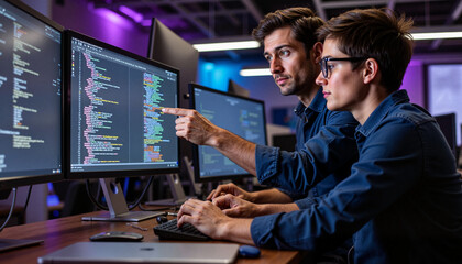 Developers debugging code together in high-tech office, problem-solving