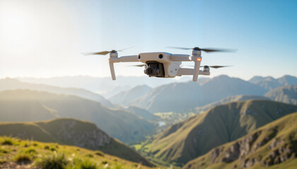 Drone soaring above scenic mountains, modern adventure technology