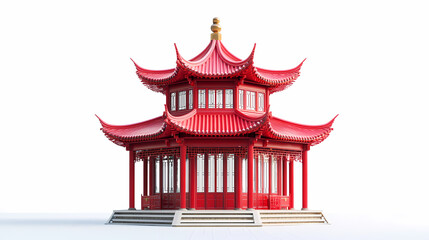 Red Chinese Pagoda Pavilion on White Background