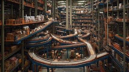 A massive industrial food processing plant with conveyor belts transporting packaged goods.
