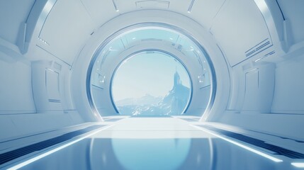 Fototapeta premium Future city in the distance, two thirds of the sky, vista, blue and white tones, futuristic, front view, C4D production, octane renderingï¼Œ 