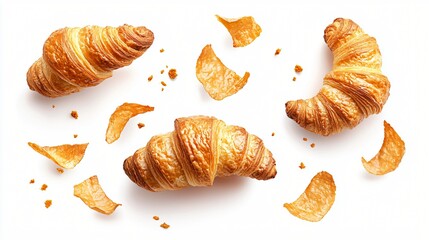Delicious croissants, crumbs, white background, food photography, recipe websites