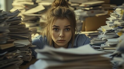 Chaotic Office Scene: Worker Overwhelmed by Stacks of Paper