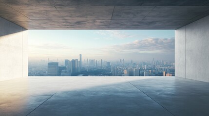 photorealistic 3d render of abstract with concrete floor overlooking skyline 