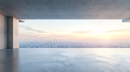 photorealistic 3d render of abstract with concrete floor overlooking skyline 