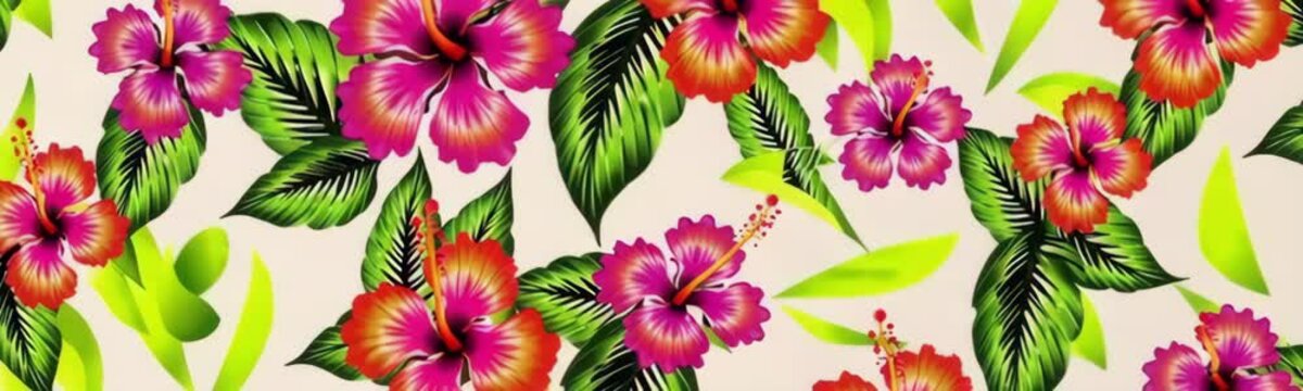 Tropical vibrant hibiscus flowers with lush green leaves, cheerful exotic floral pattern