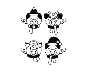Cute Winter Pig Icons Black and White Cartoon Pig Illustrations Vector Design