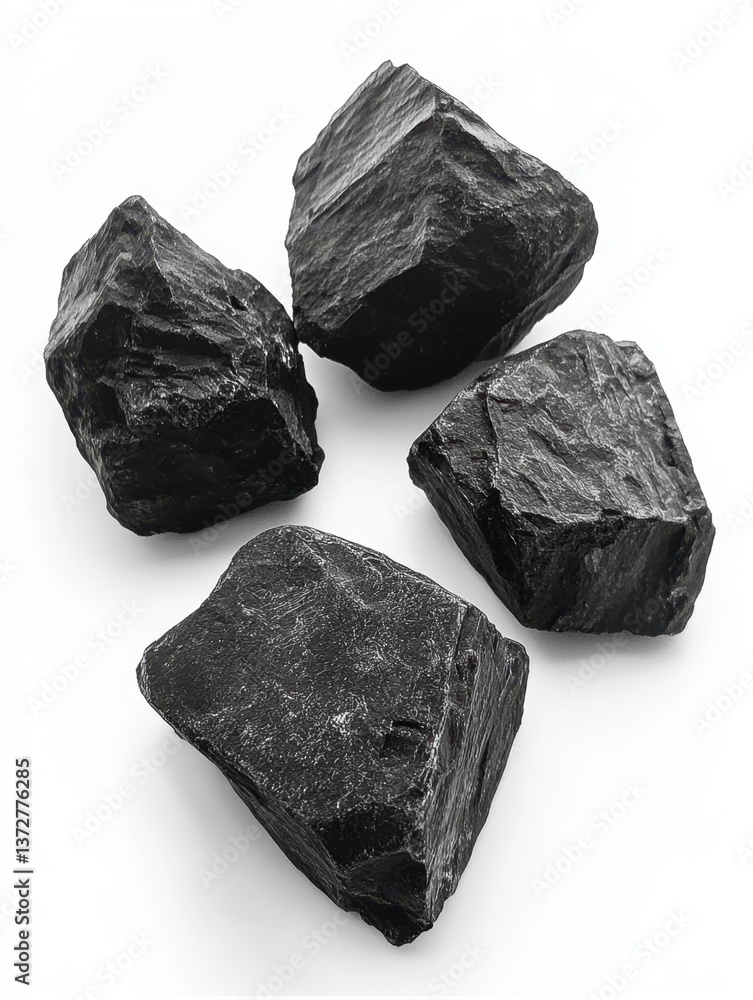 Poster four black rocks on a white surface showcasing texture and form in a minimalist composition with a n