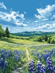 Obraz premium Serene meadow landscape with lupine flowers under a blue sky and fluffy clouds in a bright sunny day