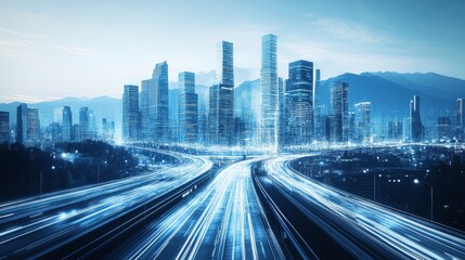 Fototapeta premium This image depicts a futuristic cityscape with towering skyscrapers, characterized by sharp lines and modern design elements