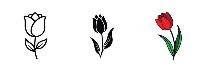 Simple Tulip Line Art White, Black, and Red Floral Designs