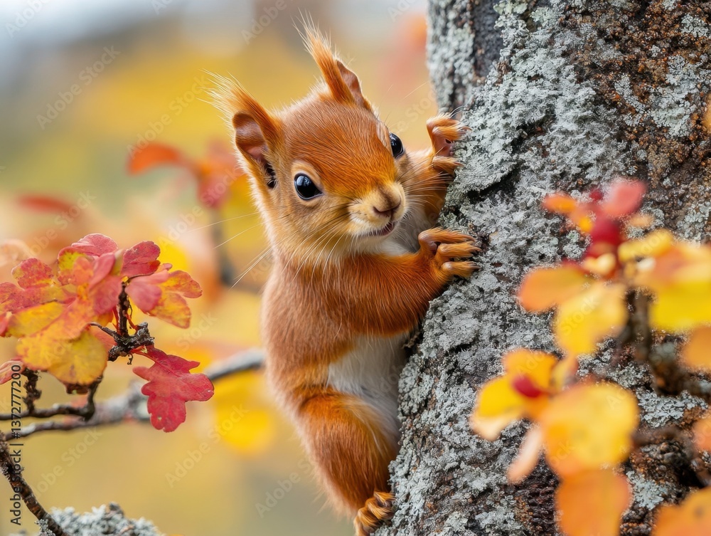 Poster adorable red squirrel clinging to a tree trunk with autumn leaves in background capturing wildlife n