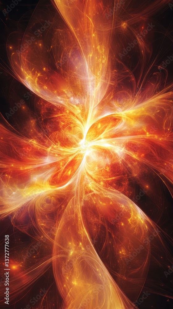 Poster fiery abstract fractal art with radiant orange and yellow light trails creating a dynamic energy fie
