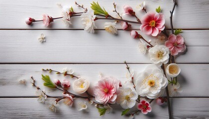 Flores sueltas primavera sobre madera blanca con espacio para texto celebración o promocion