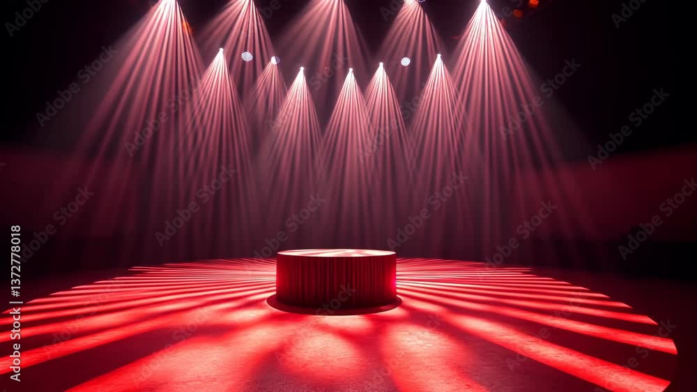 Poster stage illuminated by red lights with a circular platform at a performance venue during nighttime
