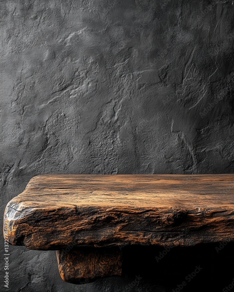 Poster rustic wooden shelf against textured dark gray wall backdrop for product display and presentation st