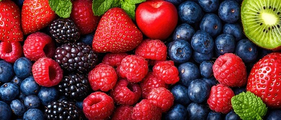 Vibrant assorted berry mix with raspberries, blueberries, strawberries, blackberries, kiwi, and mint leaves