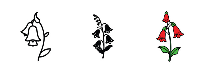 Bellflower Bloom Variations Line Art, Silhouette, Red Flower