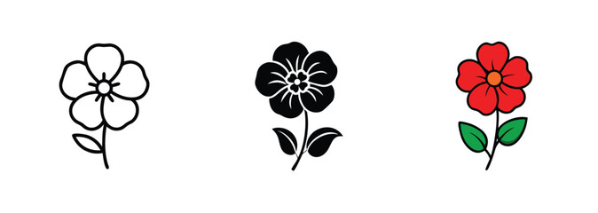 Simple Flower Designs Line Art, Black, Red, Botanical Illustrations