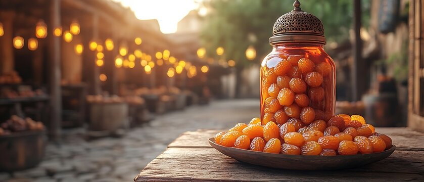 An image of a jar with dates and a scenic market background