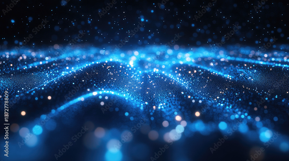 Poster abstract digital landscape composed of dynamic glowing particles,symbolizing big data,artificial int