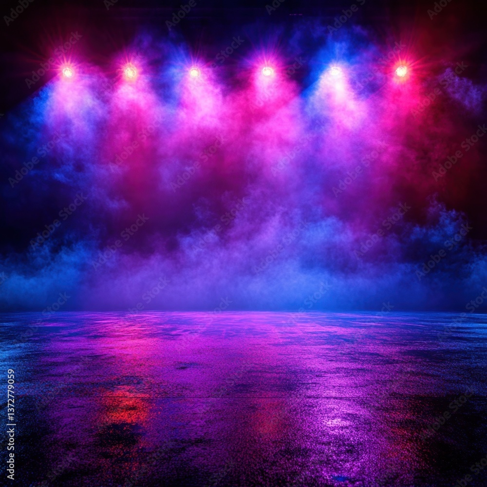 Poster stage lights illuminating a smoky atmosphere with vibrant pinks and blues creating a dynamic and ene