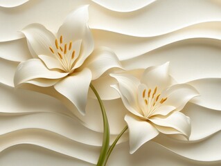 Fototapeta premium Elegant Creamy White Lily Blossoms on Textured Wavy Background Serene Floral Art for Modern Decor and Design Projects