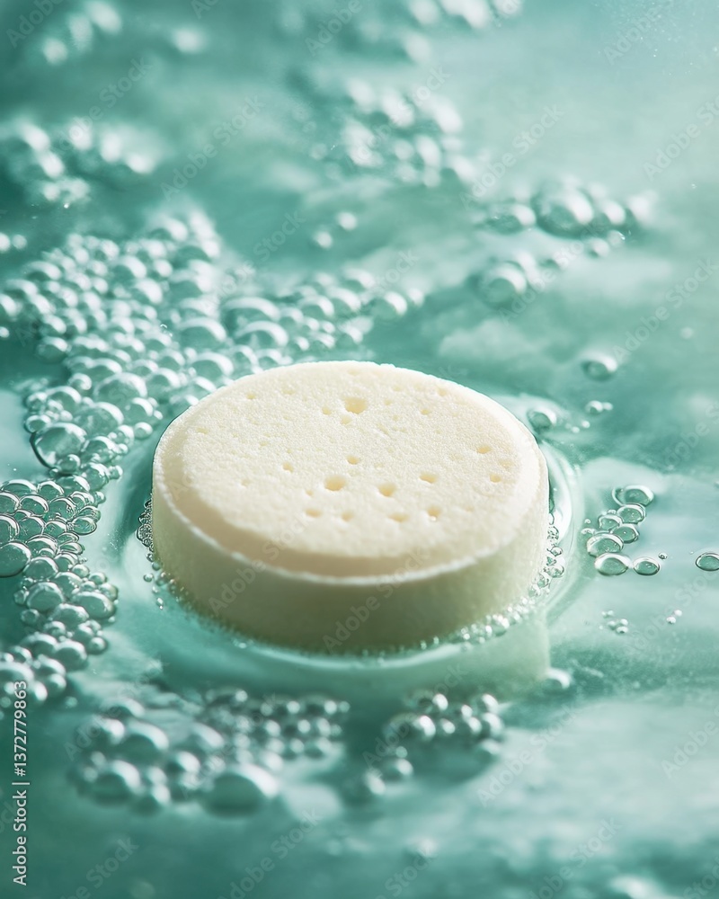 Aufkleber effervescent tablet dissolving in water creating bubbles in a refreshing and clean teal background s