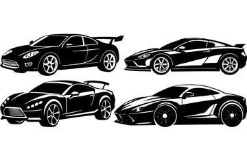 A Quartet of Speed: An artistic illustration features four sleek, stylized sports cars rendered in dynamic black and white, showcasing speed and luxury. 