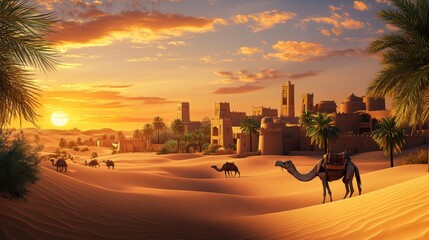 Desert city at sunset with camels and palm trees
