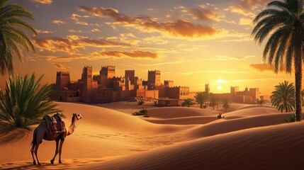 Desert city at sunset with camels and palm trees