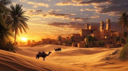 Desert city at sunset with camels and palm trees