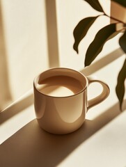 Beige ceramic mug in soft morning light