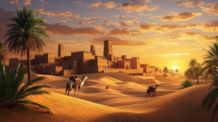 Desert city at sunset with camels and palm trees
