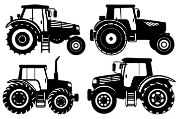 Agricultural Machinery Silhouettes: A set of stylized black-and-white tractor silhouettes.