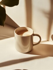Beige ceramic mug in soft morning light