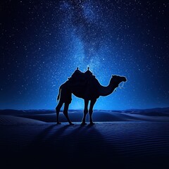 Camel under starry night sky in desert
