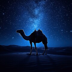 Camel under starry night sky in desert