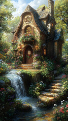 Fototapeta premium A charming stone cottage with a waterfall and lush gardens nestled in a serene forest