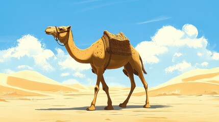 Camel walking in desert under blue sky illustration