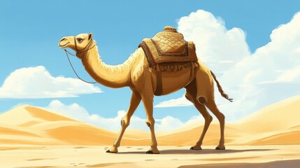 Camel walking in desert under blue sky illustration