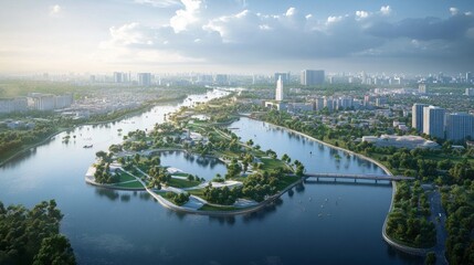 Fototapeta premium Urban river landscape city overview aerial photography scenic environment vibrant city life