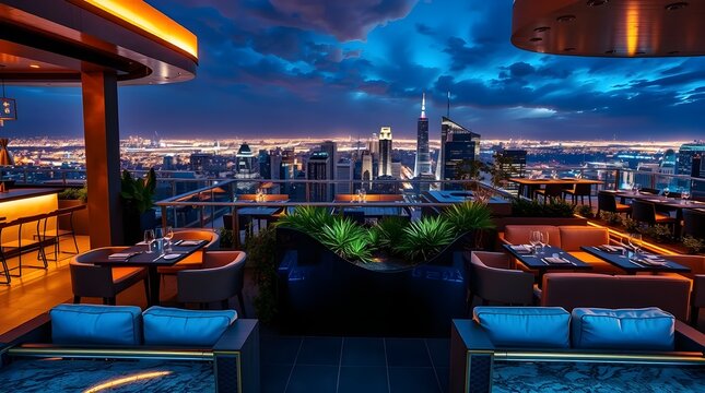 A stylish rooftop bar and restaurant with panoramic city views, serving molecular gastronomy dishes and craft cocktails in an upscale atmosphere