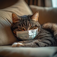 Tabby cat sleeping on couch wearing a face mask