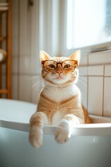 Stylish cat with sunglasses in bright bathroom