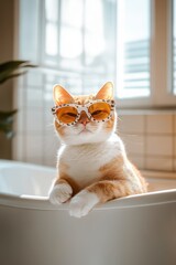 Stylish cat with sunglasses in bright bathroom
