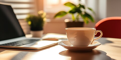 Coffee cup on desk near laptop in morning light